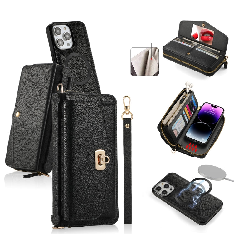 For iPhone 14 Pro MagSafe Crossbody Multi-functional Zipper Wallet Litchi Leather Phone Case(Black) - iPhone 14 Pro Cases by buy2fix | Online Shopping UK | buy2fix
