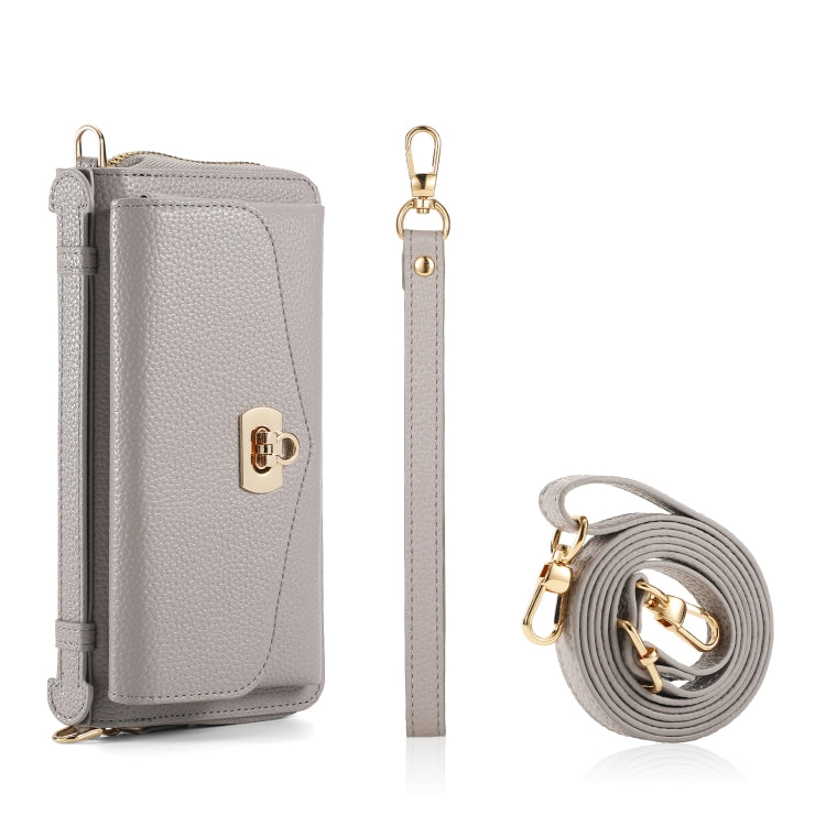 For iPhone 12 Pro MagSafe Crossbody Multi-functional Zipper Wallet Litchi Leather Phone Case(Grey) - iPhone 12 / 12 Pro Cases by buy2fix | Online Shopping UK | buy2fix