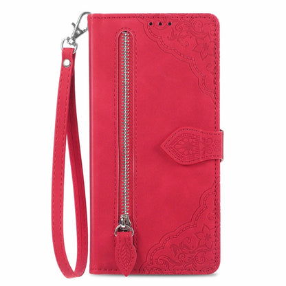 For Blackview A96 Embossed Flower Zipper Leather Phone Case(Red) - More Brand by buy2fix | Online Shopping UK | buy2fix