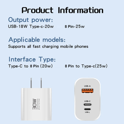 PD30W USB-C / Type-C + 8 Pin + USB Charger with Double Headed Type-C Data Cable(UK Plug) - USB Charger by buy2fix | Online Shopping UK | buy2fix