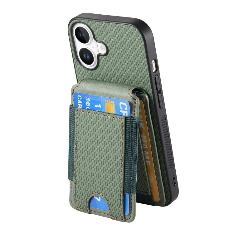 For iPhone 16 Carbon Fiber Vertical Flip Wallet Stand Phone Case(Green) - iPhone 16 Cases by buy2fix | Online Shopping UK | buy2fix