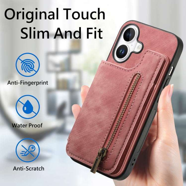 For iPhone 16 Retro Leather Zipper Wallet Back Phone Case(Pink) - More iPhone Cases by buy2fix | Online Shopping UK | buy2fix