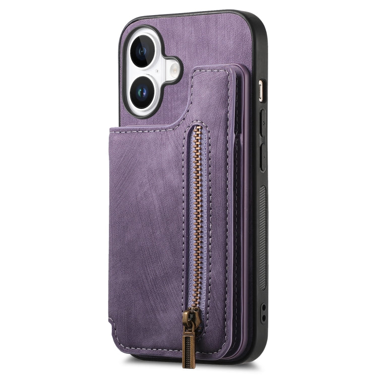 For iPhone 16 Retro Leather Zipper Wallet Back Phone Case(Purple) - More iPhone Cases by buy2fix | Online Shopping UK | buy2fix