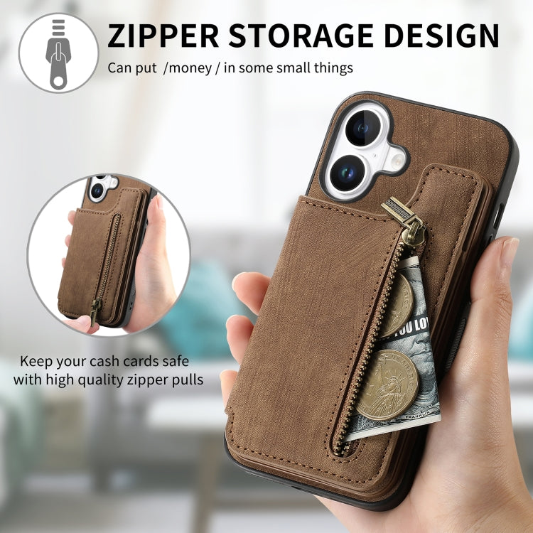 For iPhone 16 Plus Retro Leather Zipper Wallet Back Phone Case(Brown) - More iPhone Cases by buy2fix | Online Shopping UK | buy2fix