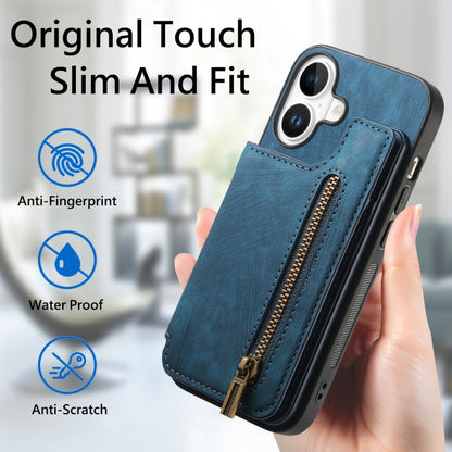 For iPhone 16 Plus Retro Leather Zipper Wallet Back Phone Case(Blue) - More iPhone Cases by buy2fix | Online Shopping UK | buy2fix