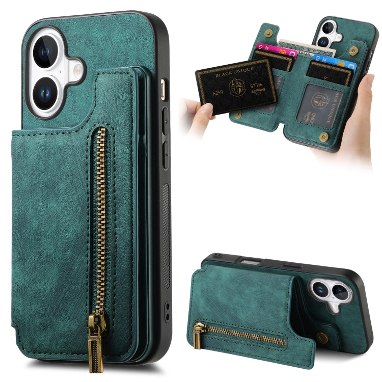 For iPhone 16 Plus Retro Leather Zipper Wallet Back Phone Case(Green) - More iPhone Cases by buy2fix | Online Shopping UK | buy2fix