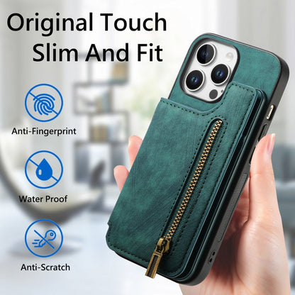 For iPhone 16 Pro Max Retro Leather Zipper Wallet Back Phone Case(Green) - More iPhone Cases by buy2fix | Online Shopping UK | buy2fix