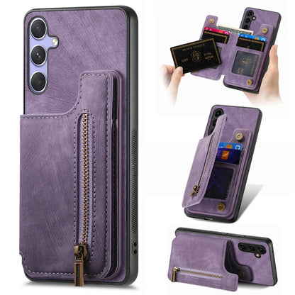 For Samsung Galaxy S25 5G Retro Leather Zipper Wallet Back Phone Case(Purple) - Galaxy S25 5G Cases by buy2fix | Online Shopping UK | buy2fix