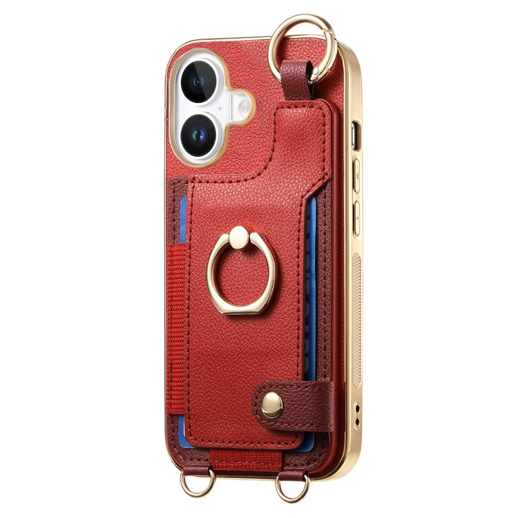 For iPhone 16 Fashion Ring Card Bag Phone Case with Hang Loop(Red) - iPhone 16 Cases by buy2fix | Online Shopping UK | buy2fix