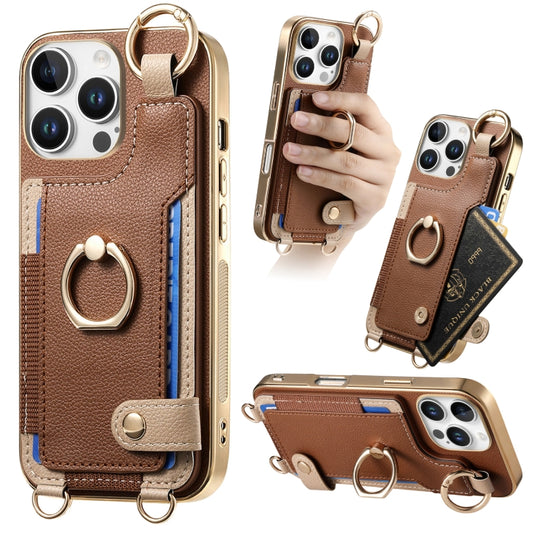 For iPhone 16 Pro Max Fashion Ring Card Bag Phone Case with Hang Loop(Brown) - iPhone 16 Pro Max Cases by buy2fix | Online Shopping UK | buy2fix