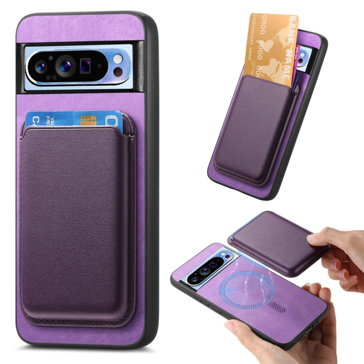 For Google Pixel 9 Pro Retro Magsafe Card Bag PU Back Cover Phone Case(Purple) - Google Cases by buy2fix | Online Shopping UK | buy2fix