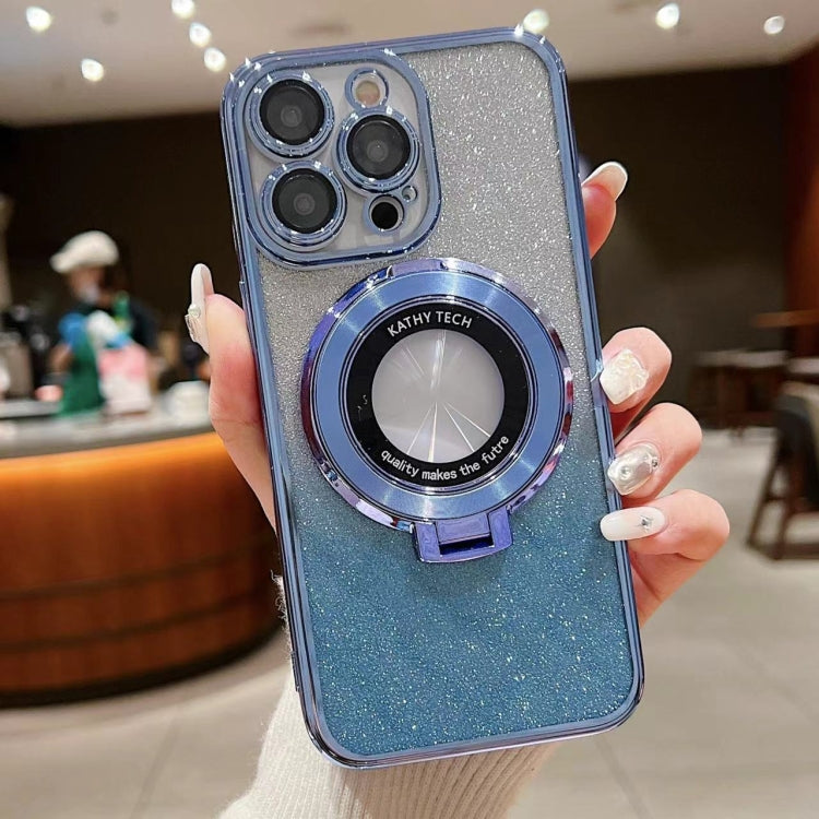 For iPhone 16 Electroplated Holder Gradient Glitter MagSafe Phone Case(Blue) - iPhone 16 Cases by buy2fix | Online Shopping UK | buy2fix