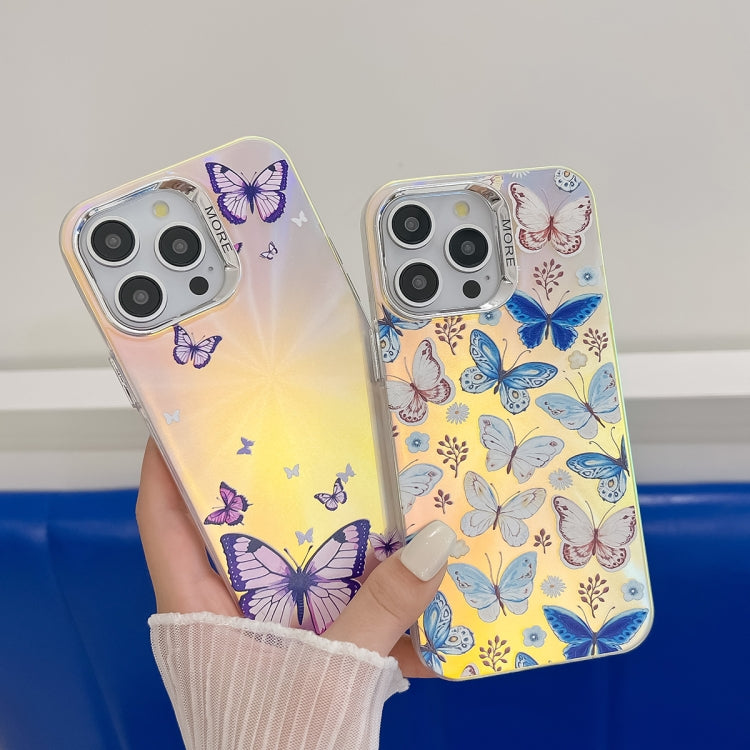 For iPhone 16 Electroplating Laser Butterfly Phone Case(White Purple Butterflies AB6) - iPhone 16 Cases by buy2fix | Online Shopping UK | buy2fix