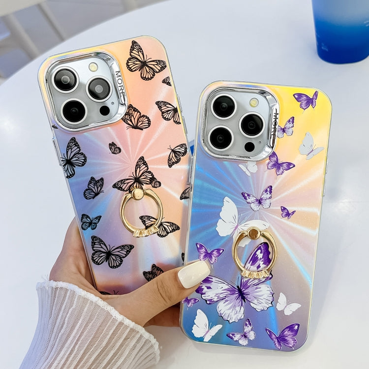 For iPhone 16 Pro Max Electroplating Laser Butterfly Ring Holder Phone Case(Purple Butterflies AB3) - iPhone 16 Pro Max Cases by buy2fix | Online Shopping UK | buy2fix