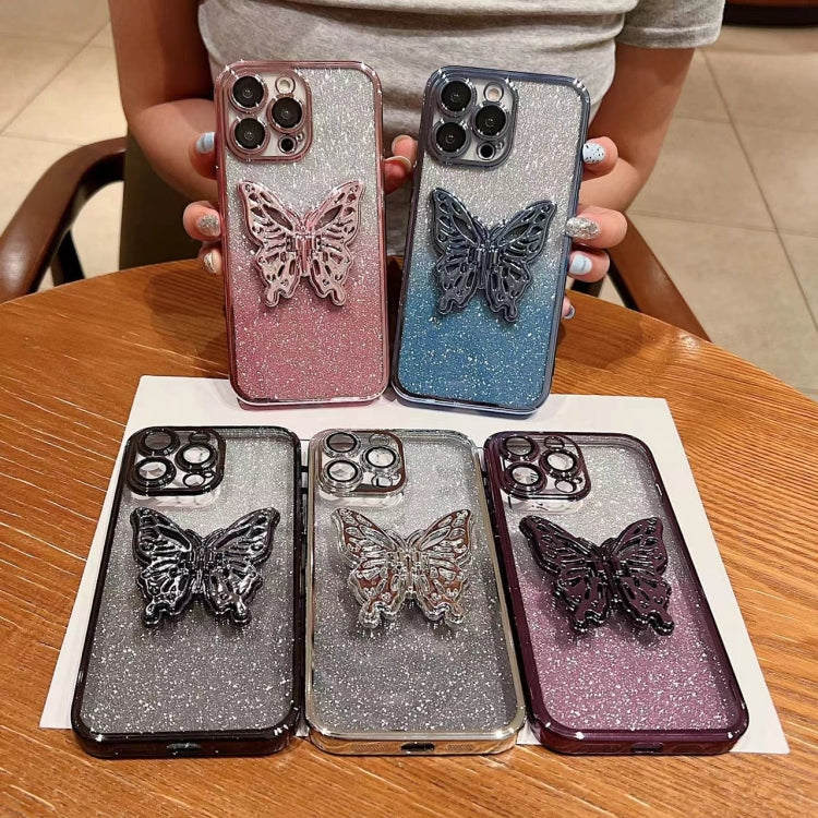 For iPhone 16 Electroplated Gradient Glitter 3D Butterfly TPU Phone Case(Gradient Blue) - iPhone 16 Cases by buy2fix | Online Shopping UK | buy2fix