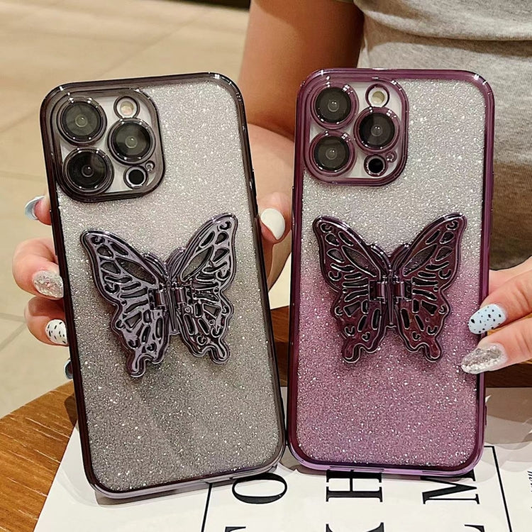 For iPhone 16 Electroplated Gradient Glitter 3D Butterfly TPU Phone Case(Gradient Black) - iPhone 16 Cases by buy2fix | Online Shopping UK | buy2fix