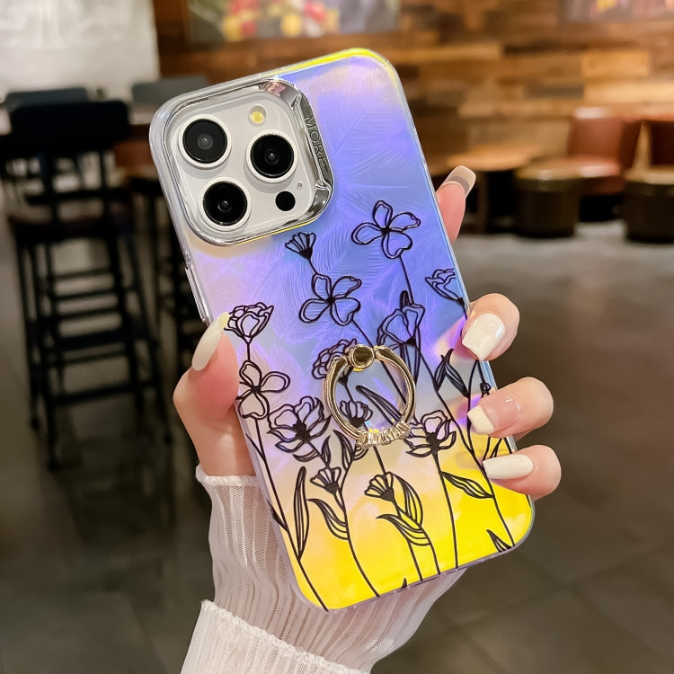 For iPhone 16 Pro Electroplating Laser Flower Ring Holder TPU Phone Case(Drawn Flowers AH3) - iPhone 16 Pro Cases by buy2fix | Online Shopping UK | buy2fix