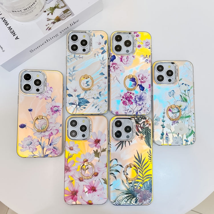 For iPhone 16 Plus Electroplating Laser Flower Ring Holder TPU Phone Case(Peony AH11) - iPhone 16 Plus Cases by buy2fix | Online Shopping UK | buy2fix