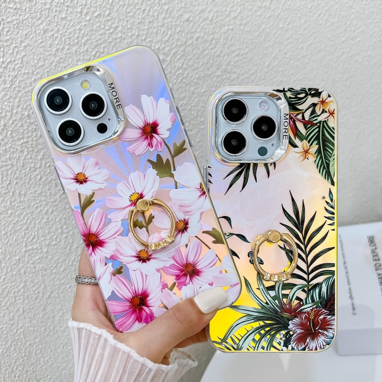 For iPhone 16 Plus Electroplating Laser Flower Ring Holder TPU Phone Case(Myosotis AH2) - iPhone 16 Plus Cases by buy2fix | Online Shopping UK | buy2fix