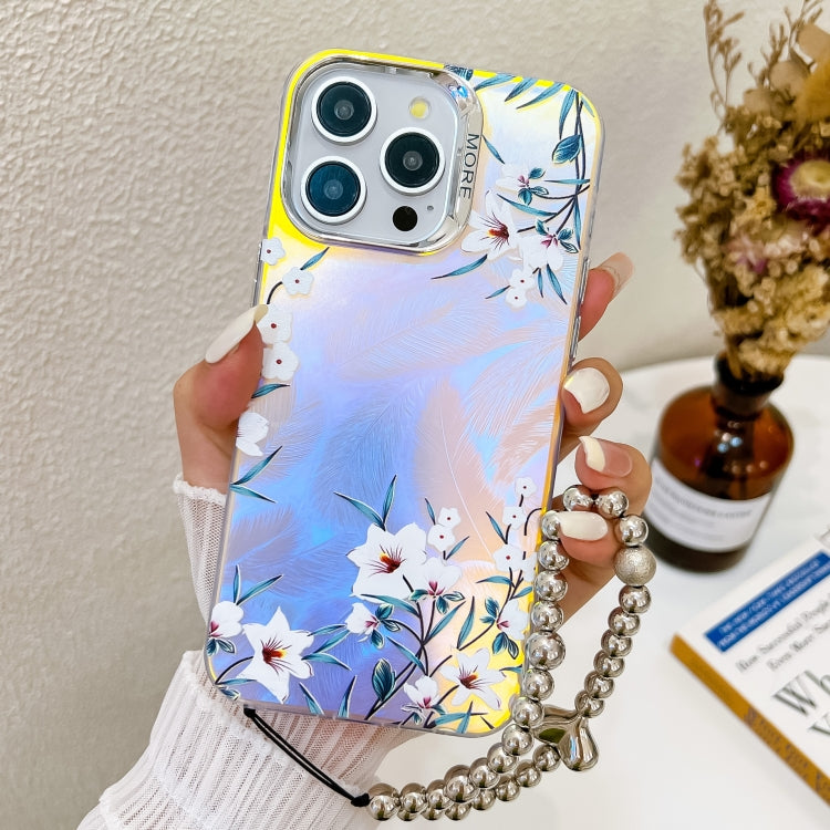 For iPhone 16 Pro Electroplating Laser Flower Phone Case with Wrist Strap(Morning Glory AH16) - iPhone 16 Pro Cases by buy2fix | Online Shopping UK | buy2fix