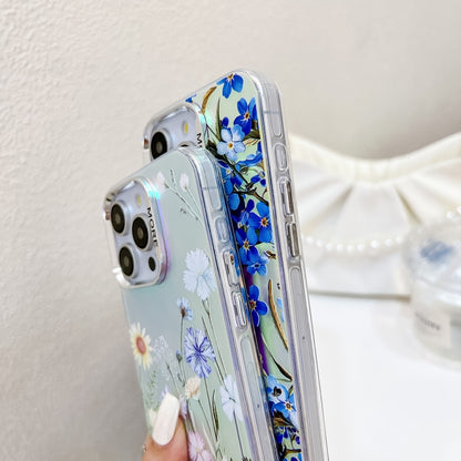 For iPhone 16 Plus Electroplating Laser Flower Phone Case with Wrist Strap(Myosotis AH2) - iPhone 16 Plus Cases by buy2fix | Online Shopping UK | buy2fix