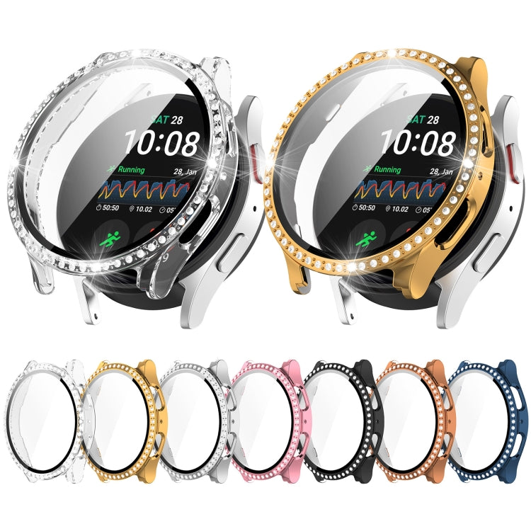 For Samsung Galaxy Watch 7 44mm Single Row Diamond PC + Tempered Film Integrated Watch Protective Case(Transparent White) - Watch Cases by buy2fix | Online Shopping UK | buy2fix