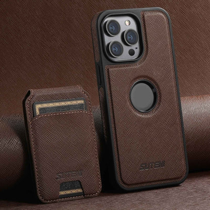 For iPhone 12 Pro Max Suteni M2 Cross-Grain MagSafe Vertical Card Back Phone Case(Brown) - iPhone 12 Pro Max Cases by Suteni | Online Shopping UK | buy2fix