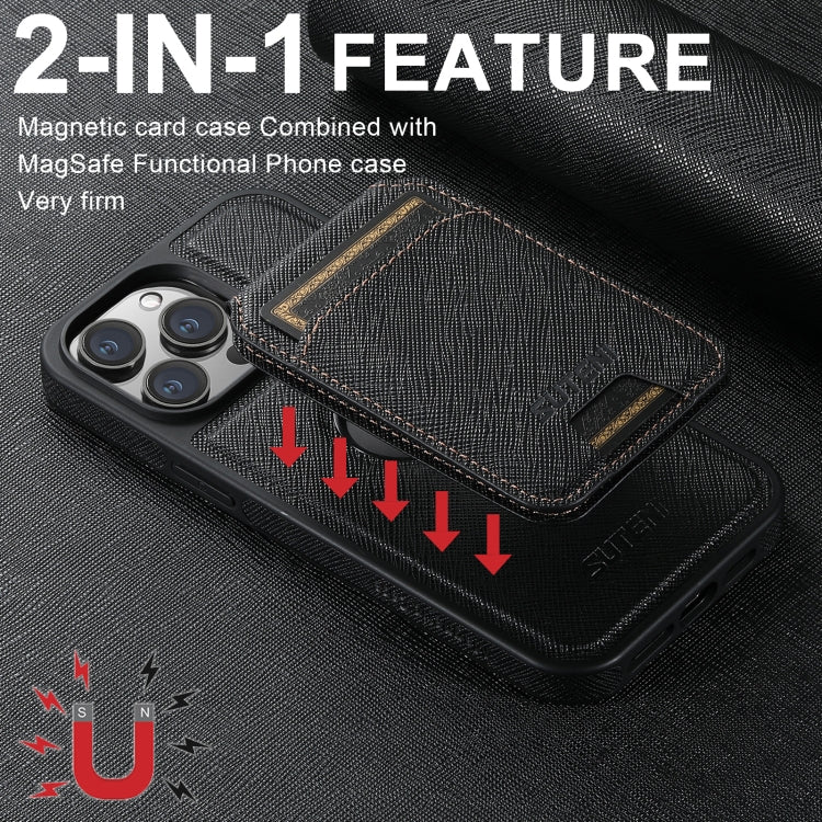 For iPhone 16 Plus Suteni M2 Cross-Grain MagSafe Vertical Card Back Phone Case(Black) - iPhone 16 Plus Cases by Suteni | Online Shopping UK | buy2fix