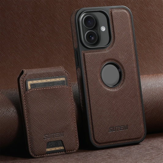 For iPhone 16 Plus Suteni M2 Cross-Grain MagSafe Vertical Card Back Phone Case(Brown) - iPhone 16 Plus Cases by Suteni | Online Shopping UK | buy2fix