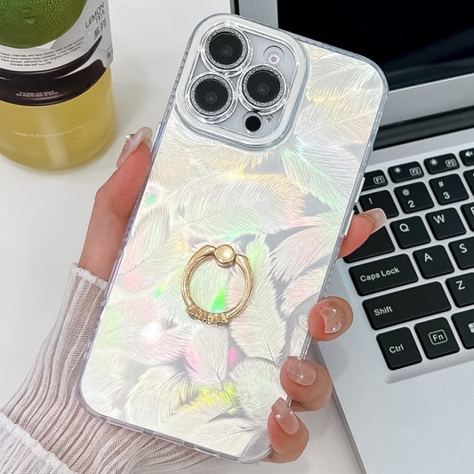 For iPhone 16 Pro Max Plating Glitter Texture Ring Holder TPU Phone Case with Lens Film(White Feathers) - More iPhone Cases by buy2fix | Online Shopping UK | buy2fix