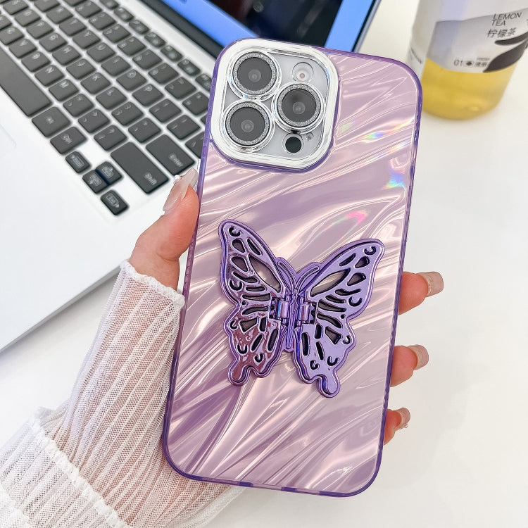 For iPhone 16 Pro Max Plating Glitter Texture Butterfly Holder TPU Phone Case with Lens Film(Purple Water Ripples) - iPhone 16 Pro Max Cases by buy2fix | Online Shopping UK | buy2fix