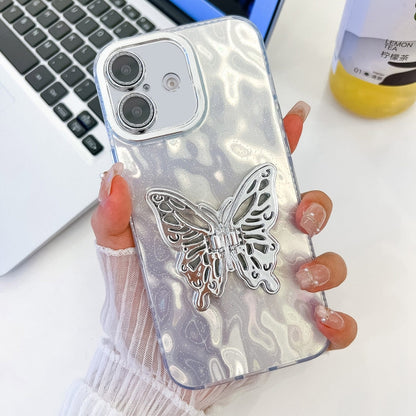 For iPhone 16 Plus Plating Glitter Texture Butterfly Holder TPU Phone Case with Lens Film(White Wrinkles) - iPhone 16 Plus Cases by buy2fix | Online Shopping UK | buy2fix