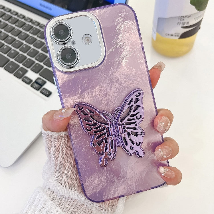 For iPhone 16 Plus Plating Glitter Texture Butterfly Holder TPU Phone Case with Lens Film(Purple Tinfoil Texture) - iPhone 16 Plus Cases by buy2fix | Online Shopping UK | buy2fix