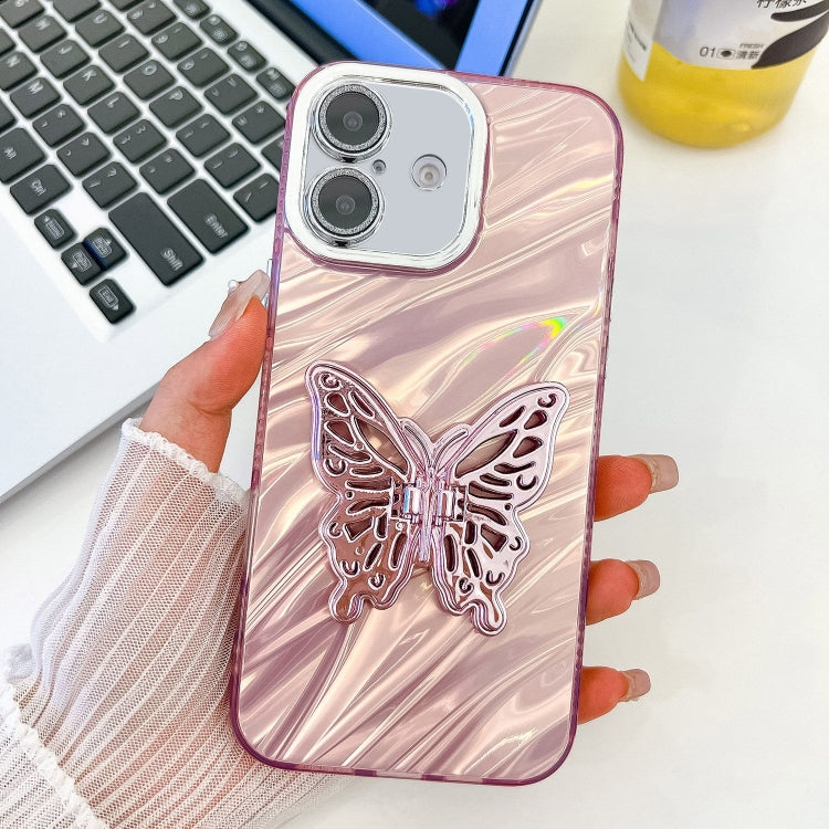 For iPhone 16 Plating Glitter Texture Butterfly Holder TPU Phone Case with Lens Film(Pink Water Ripples) - iPhone 16 Cases by buy2fix | Online Shopping UK | buy2fix