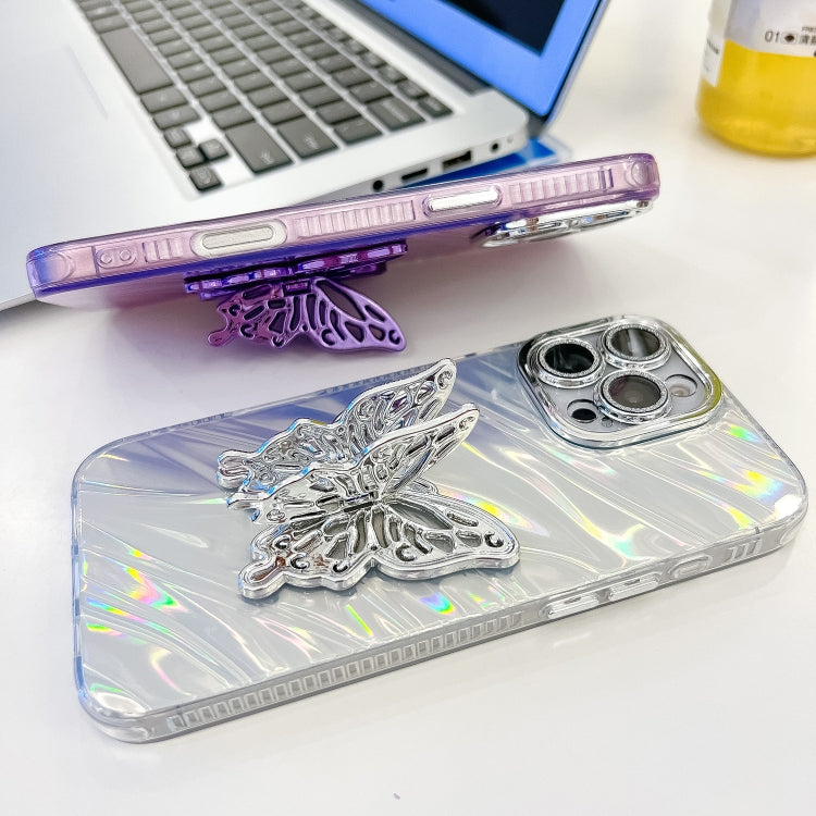 For iPhone 16 Plating Glitter Texture Butterfly Holder TPU Phone Case with Lens Film(Purple Water Ripples) - iPhone 16 Cases by buy2fix | Online Shopping UK | buy2fix