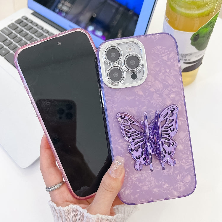 For iPhone 16 Pro Plating Glitter Texture Butterfly Holder TPU Phone Case with Lens Film(White Feather Yarn) - iPhone 16 Pro Cases by buy2fix | Online Shopping UK | buy2fix