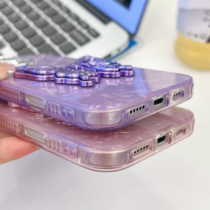 For iPhone 16 Plus Plating Glitter Texture Butterfly Holder TPU Phone Case with Lens Film(Purple Tinfoil Texture) - iPhone 16 Plus Cases by buy2fix | Online Shopping UK | buy2fix