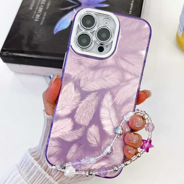 For iPhone 16 Pro Max Plating Glitter Texture Chain Wristband TPU Phone Case with Lens Film(Purple Feathers) - iPhone 16 Pro Max Cases by buy2fix | Online Shopping UK | buy2fix