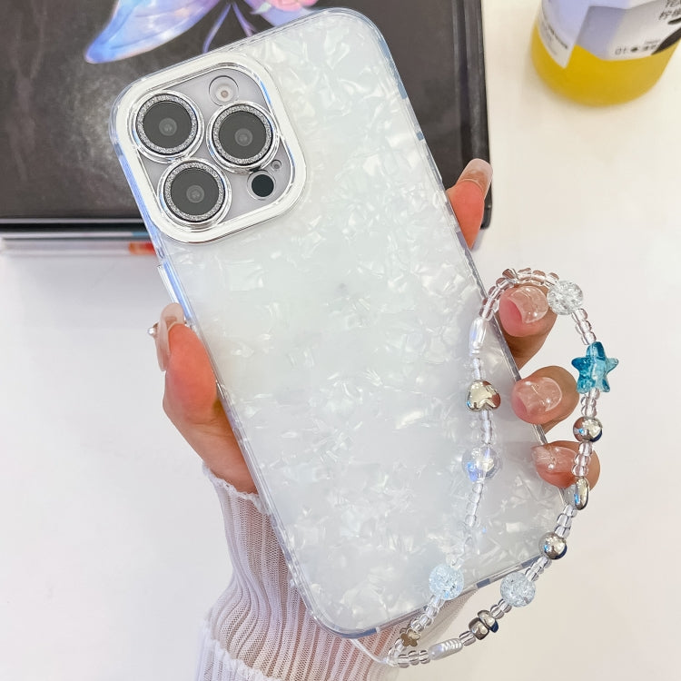 For iPhone 16 Pro Plating Glitter Texture Chain Wristband TPU Phone Case with Lens Film(White Shell Pattern) - iPhone 16 Pro Cases by buy2fix | Online Shopping UK | buy2fix