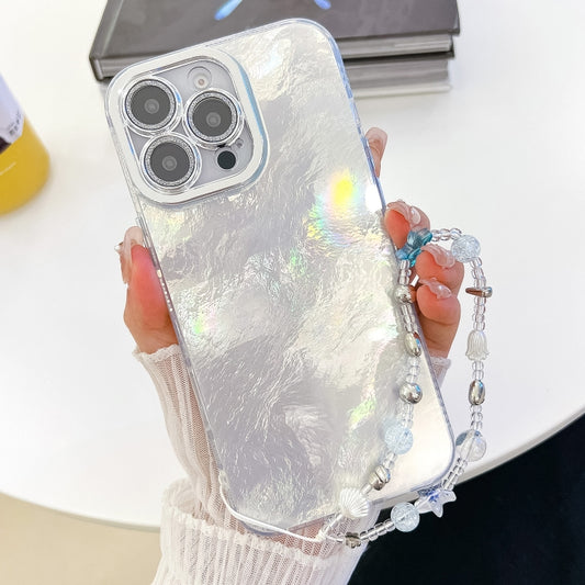 For iPhone 16 Plus Plating Glitter Texture Chain Wristband TPU Phone Case with Lens Film(White Tinfoil Texture) - iPhone 16 Plus Cases by buy2fix | Online Shopping UK | buy2fix