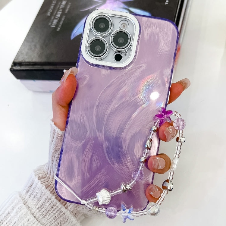 For iPhone 16 Plating Glitter Texture Chain Wristband TPU Phone Case with Lens Film(Purple Feather Yarn) - iPhone 16 Cases by buy2fix | Online Shopping UK | buy2fix