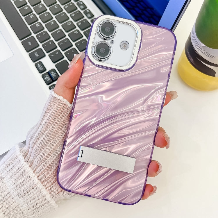 For iPhone 16 Plus Plating Glitter Texture Fold Holder TPU Phone Case with Lens Film(Purple Water Ripples) - iPhone 16 Plus Cases by buy2fix | Online Shopping UK | buy2fix