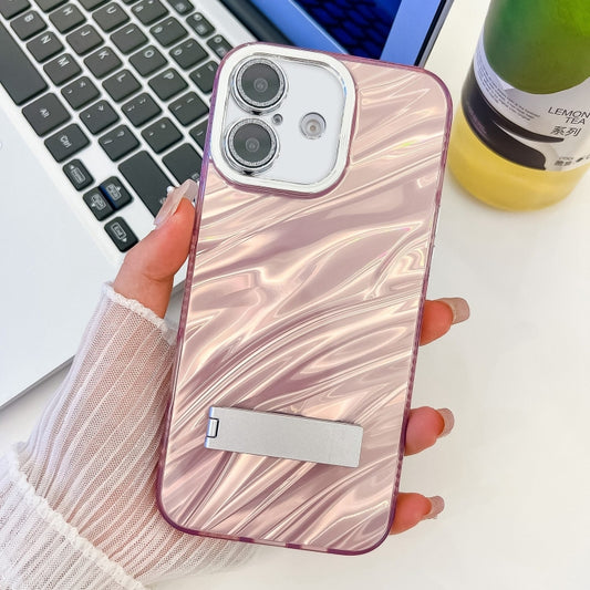 For iPhone 16 Plating Glitter Texture Fold Holder TPU Phone Case with Lens Film(Pink Water Ripples) - iPhone 16 Cases by buy2fix | Online Shopping UK | buy2fix