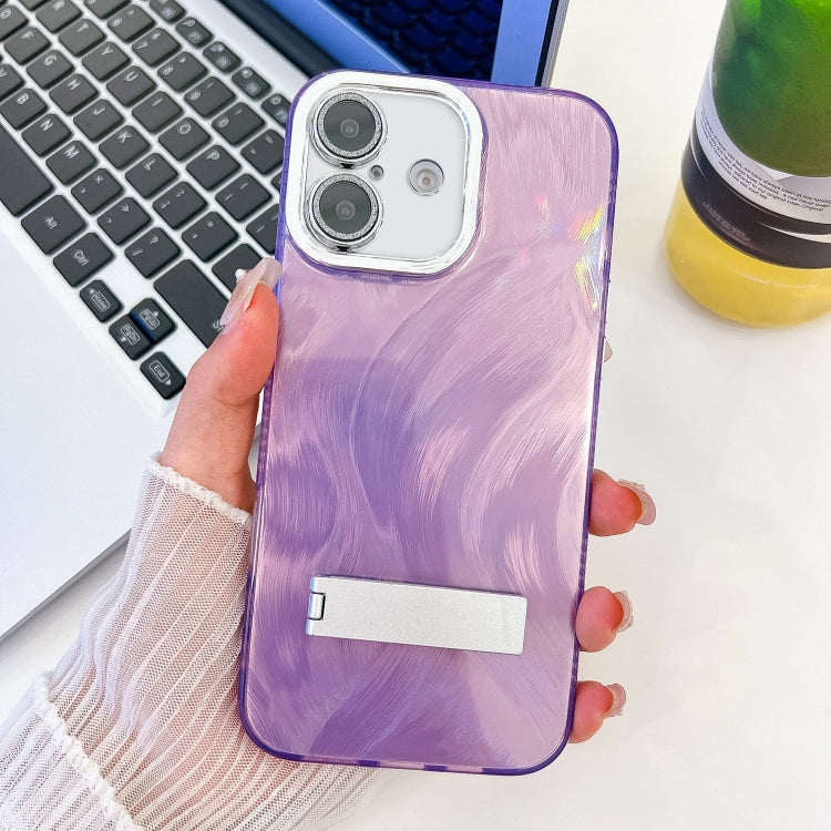 For iPhone 16 Plating Glitter Texture Fold Holder TPU Phone Case with Lens Film(Purple Feather Yarn) - iPhone 16 Cases by buy2fix | Online Shopping UK | buy2fix