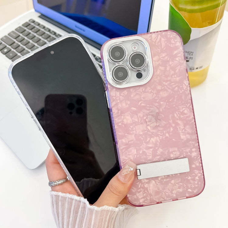 For iPhone 16 Plus Plating Glitter Texture Fold Holder TPU Phone Case with Lens Film(Pink Wrinkles) - iPhone 16 Plus Cases by buy2fix | Online Shopping UK | buy2fix