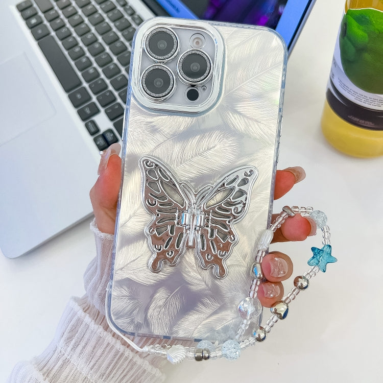 For iPhone 16 Pro Max Plating Glitter Lens Film Texture Butterfly Holder Wristband Phone Case(White Feathers) - iPhone 16 Pro Max Cases by buy2fix | Online Shopping UK | buy2fix