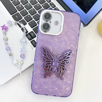 For iPhone 16 Plus Plating Glitter Lens Film Texture Butterfly Holder Wristband Phone Case(Purple Shell Pattern) - iPhone 16 Plus Cases by buy2fix | Online Shopping UK | buy2fix