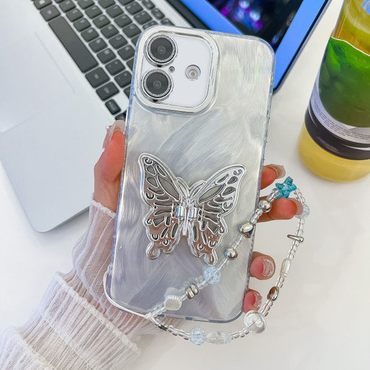 For iPhone 16 Plus Plating Glitter Lens Film Texture Butterfly Holder Wristband Phone Case(White Feather Yarn) - iPhone 16 Plus Cases by buy2fix | Online Shopping UK | buy2fix