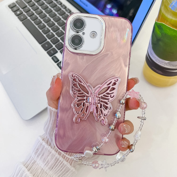 For iPhone 16 Plus Plating Glitter Lens Film Texture Butterfly Holder Wristband Phone Case(Pink Feather Yarn) - iPhone 16 Plus Cases by buy2fix | Online Shopping UK | buy2fix