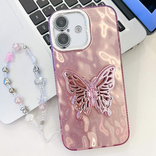 For iPhone 16 Plus Plating Glitter Lens Film Texture Butterfly Holder Wristband Phone Case(Pink Wrinkles) - iPhone 16 Plus Cases by buy2fix | Online Shopping UK | buy2fix